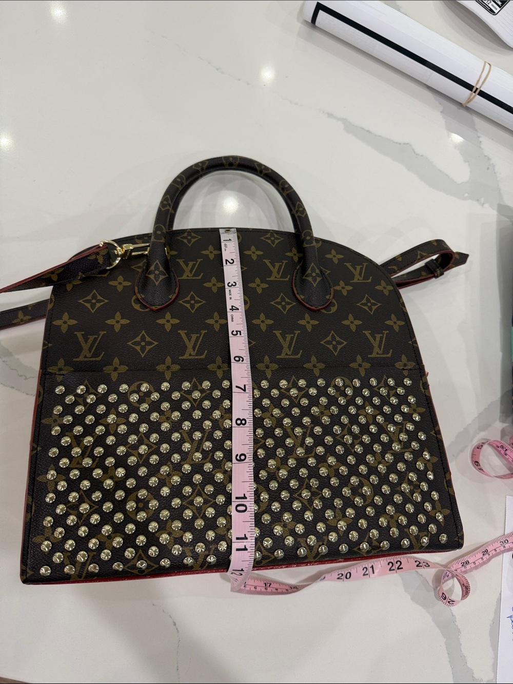Monogram Studded Brown Satchel with Gold Accents inspired - Picture 12 of 14